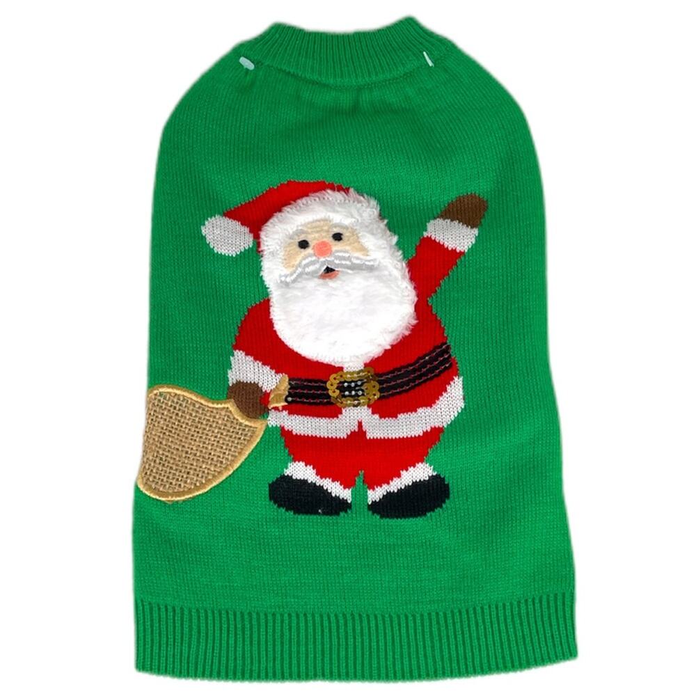 Fabdog Santa with his Bag of Toys Dog Sweater Green SIze Small Medium